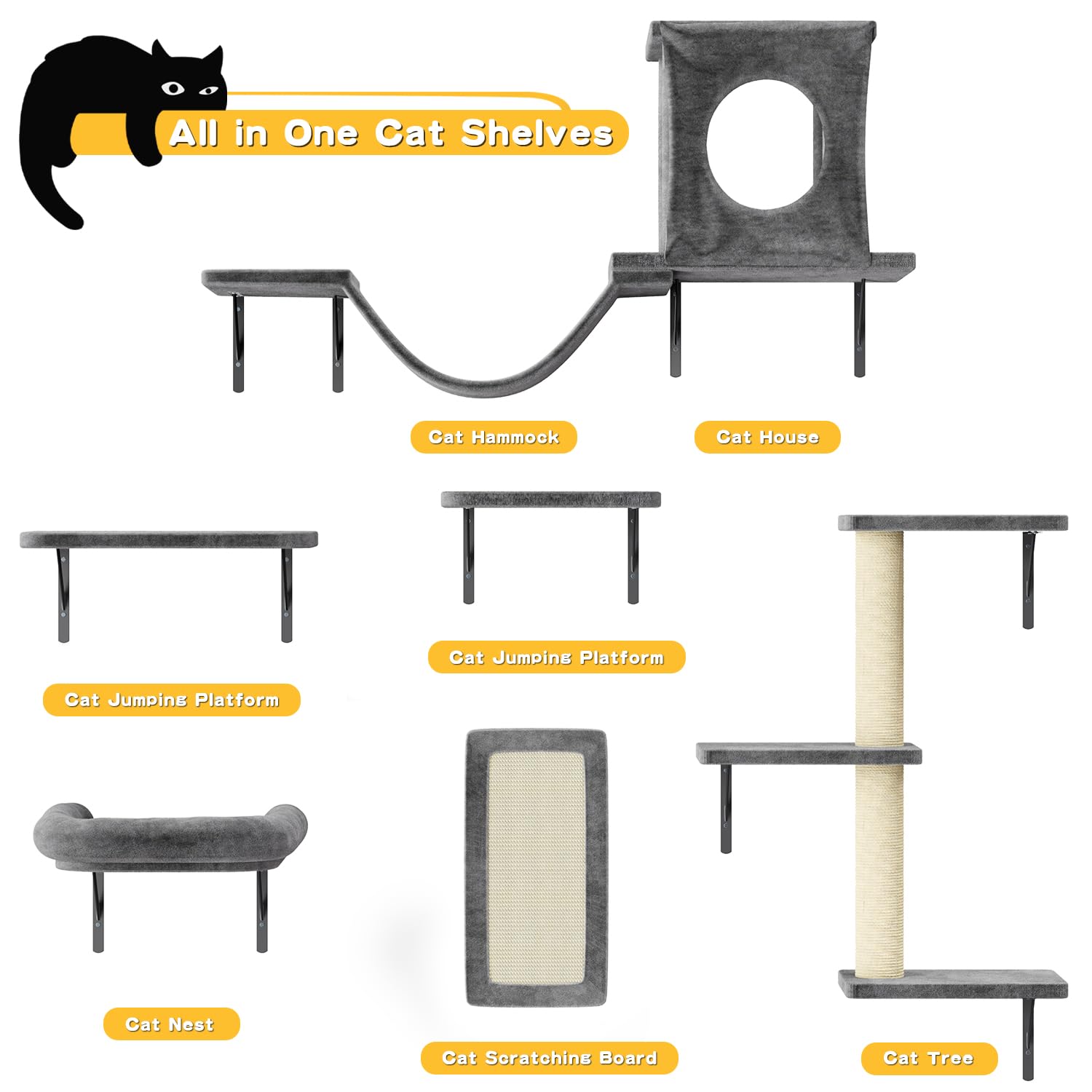Nunu Lab Wall Mounted Cat Climber Set, 6 Pcs Cat Furniture Set With House, Tunnel, Bridge, Steps, Scratcher Board And Hammock, S