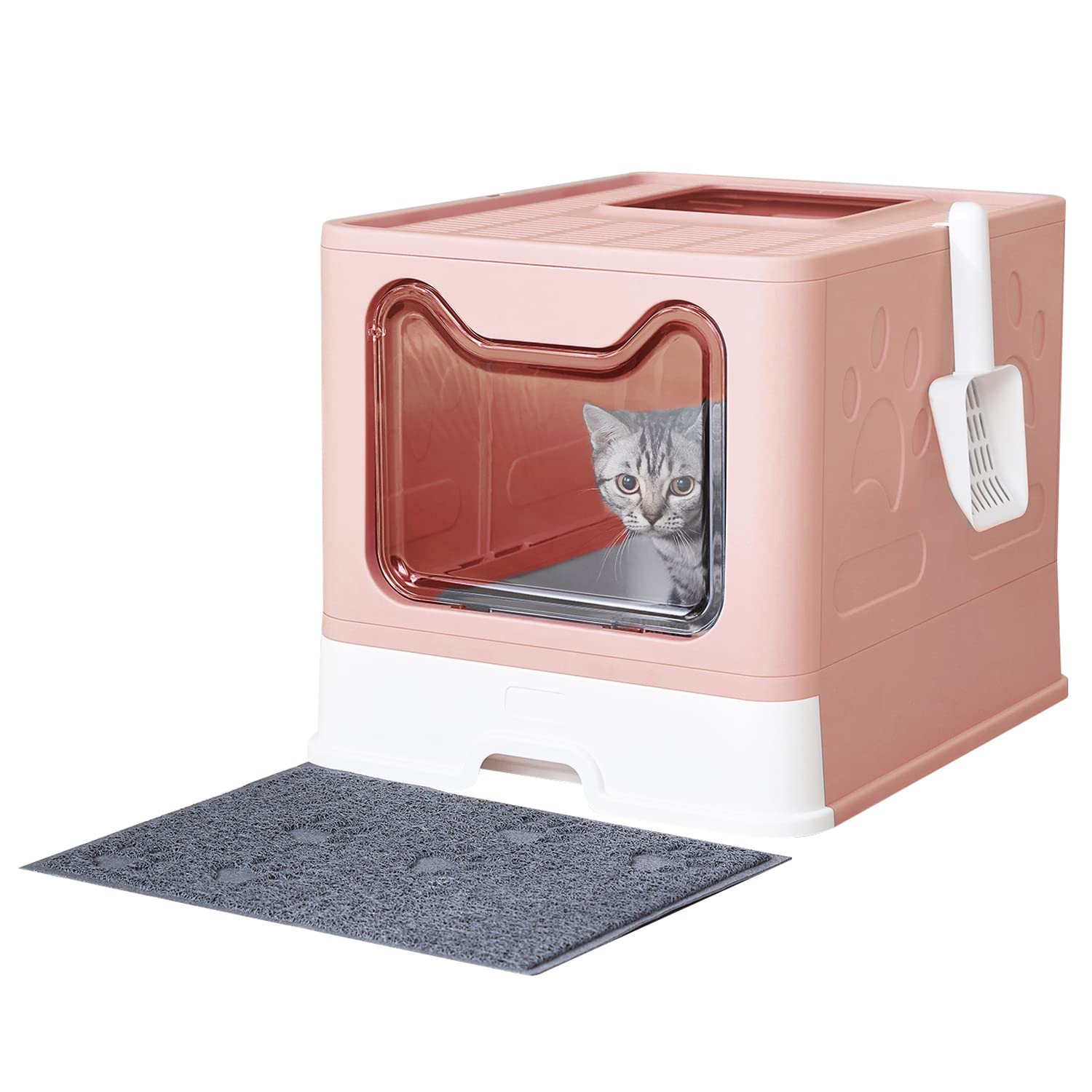 Medario Cat Litter Box with Litter Mat and Scoop, Large Foldable Litter Box with Lid, Front Entry Top Exit Kitty Box, Odor Contr