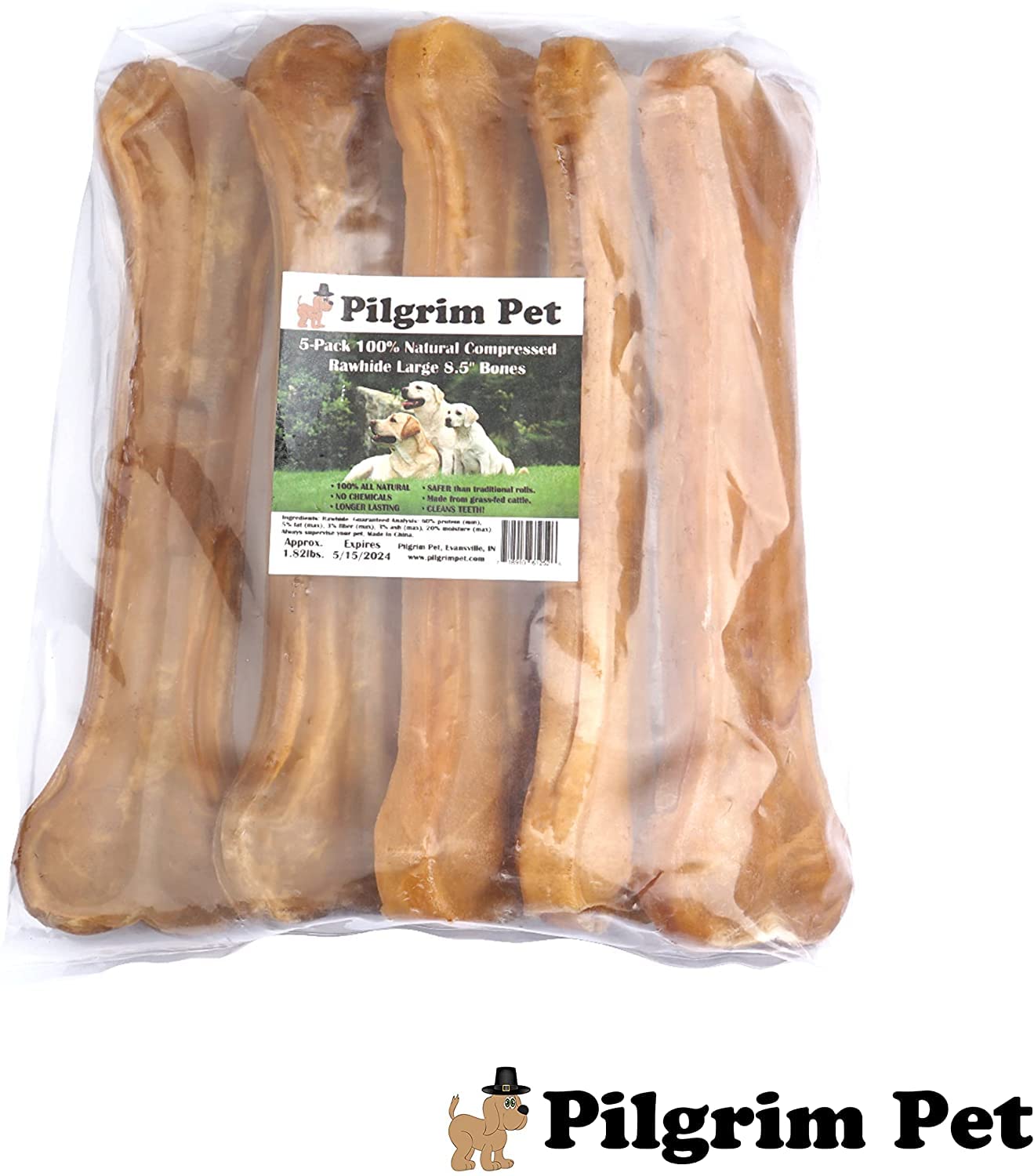 Pilgrim Pet 5-Pack of Premium Compressed Rawhide Bones for Dogs - Long Lasting 100% All Natural Bones for Aggressive Chewers (Me