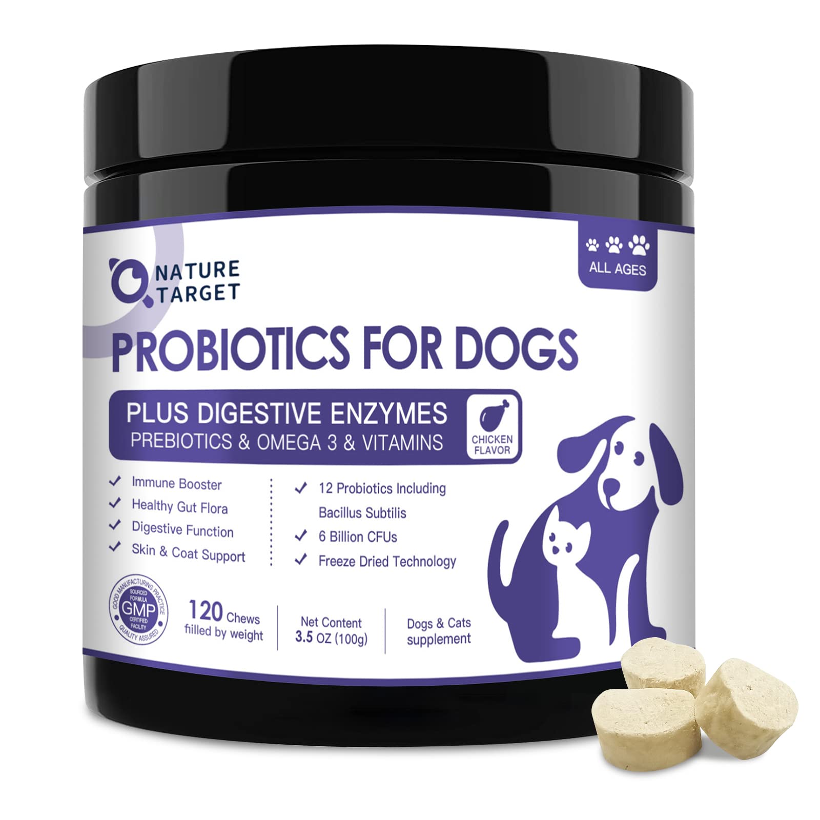 Probiotics for Dogs, 6 Billion CFUs, Freeze Dried Dog Probiotics with Prebiotics and Digestive Enzymes, Vitamins and Omega 3, fo