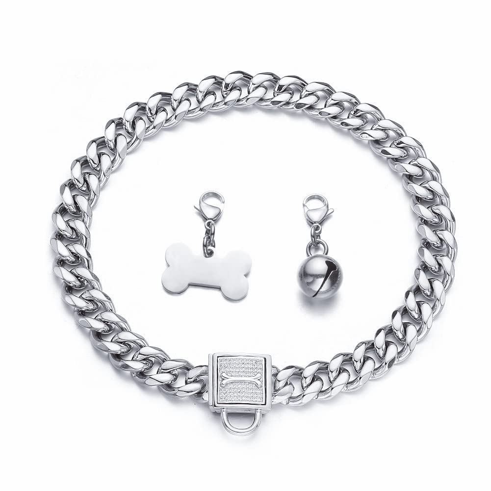 Rumypet Silver Cuban Link Dog Collar Chew Proof Metal Stainless Steel Dog Chain Collar With Cz Lock,Id Tag And Bell 11/15/19Mm For Small Medium Large Dogs(15Mm,16Inch)