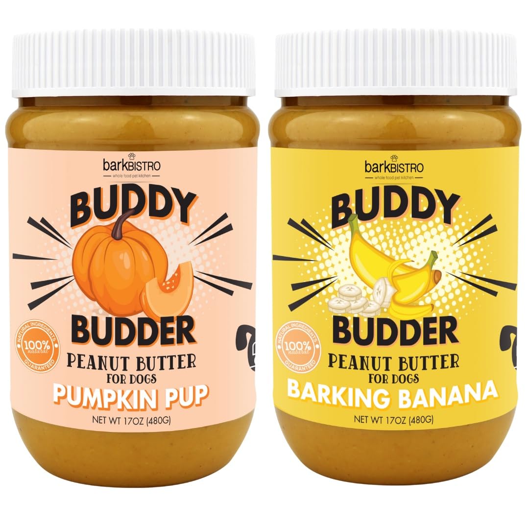 BUDDY BUDDER Barkin Banana + Pumpkin Pup, 100% All Natural Dog Peanut Butter, Peanut Butter Dog Treat, Made in USA (Set of 2 | 1