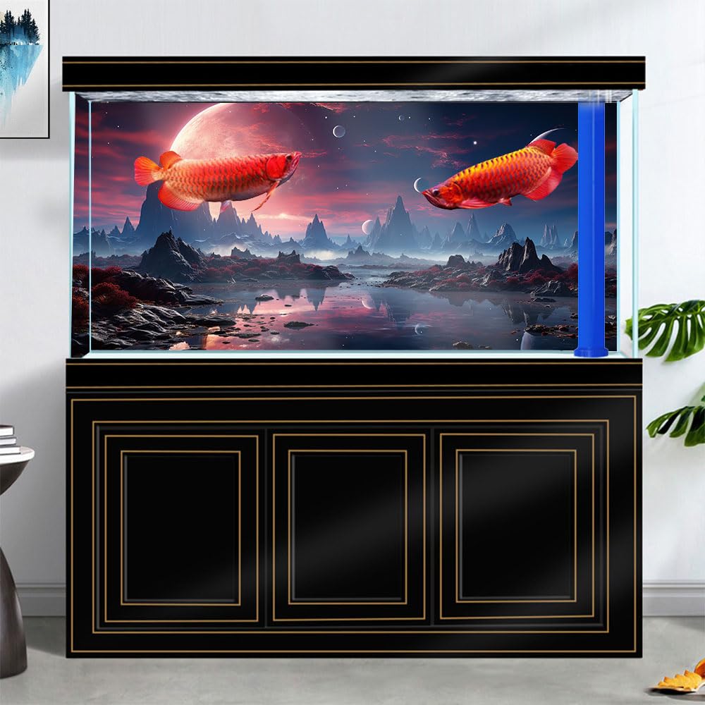 Dtekoj 48X18IN Cosmic Spaceterrarium Background, Cool Parallel Space Themed Aquarium Reptile Habitat Background, Red Moon Aquari