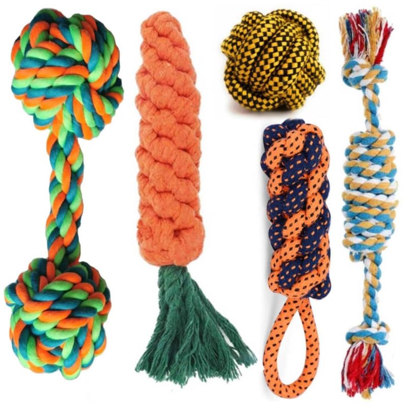 Dog Trust Dog Chew Rope Toys  Set Of 4 Ropes  For Large, Small Teething Pets 100% Cotton For Natural Floss  With Ball, Tough 