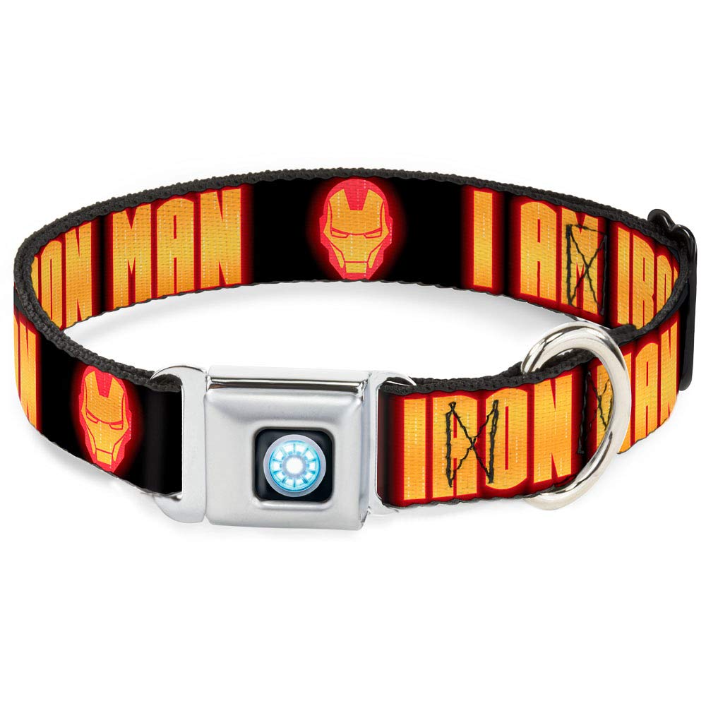 Buckle-Down Seatbelt Buckle Dog Collar - Iron Man Face/I Am Iron Man Black/Yellow Glow - 1.5'' Wide - Fits 18-32'' Neck - Large