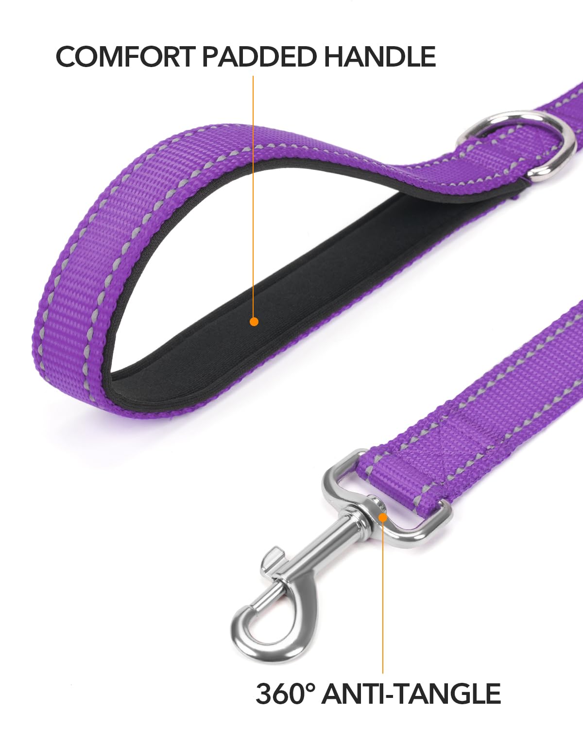 Taglory Double-Sided Reflective Heavy Duty Dog Leash 5Ft,Neoprene Padded Handle And Metal Hook Pet Training Leashes For Small Medium Large Dogs, Purple