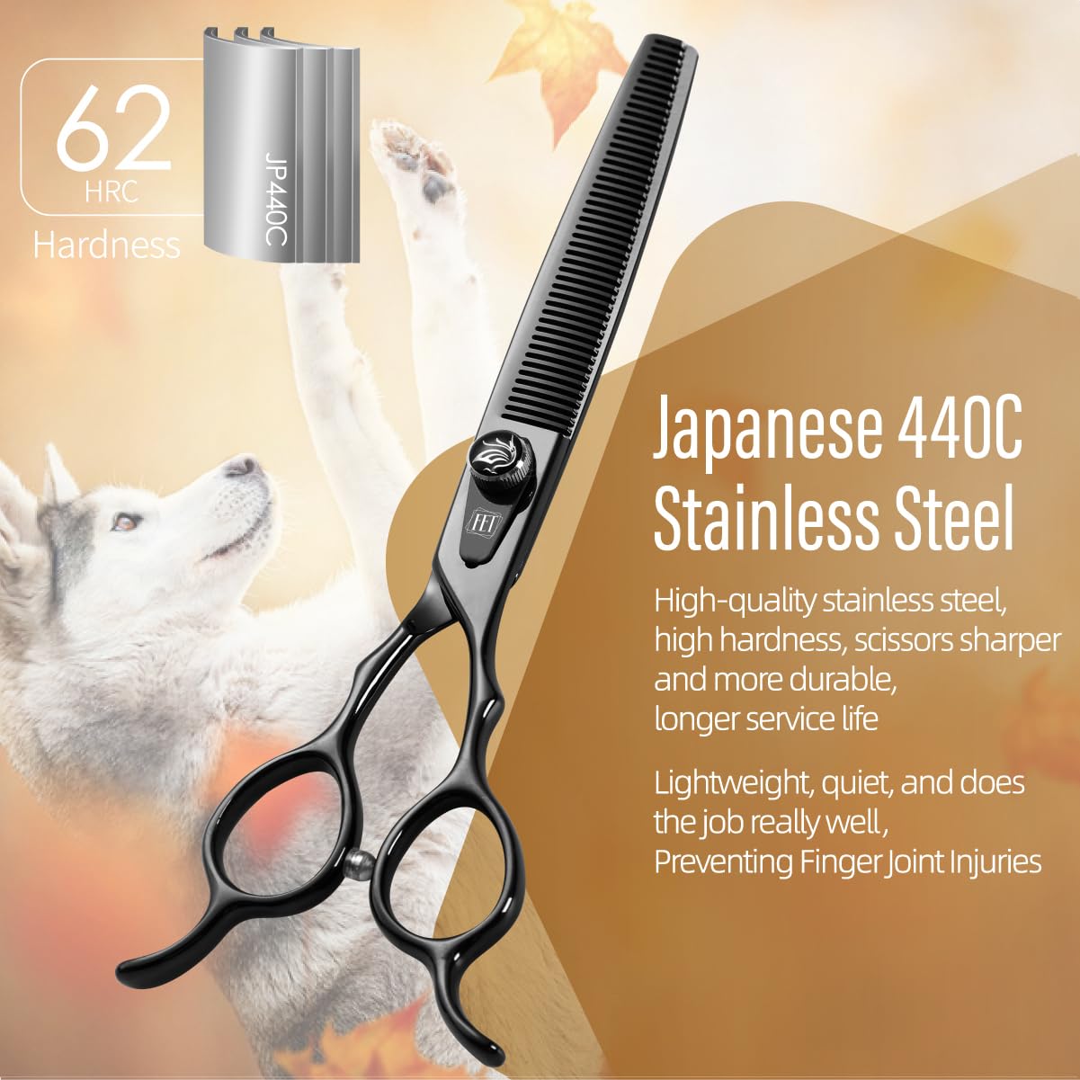 Fenice Totem Dog Grooming Scissors: 7.5 Inch Bright Black Pet Thinning Shears Made Of Japanese 440C Advanced Stainless Steel Pro