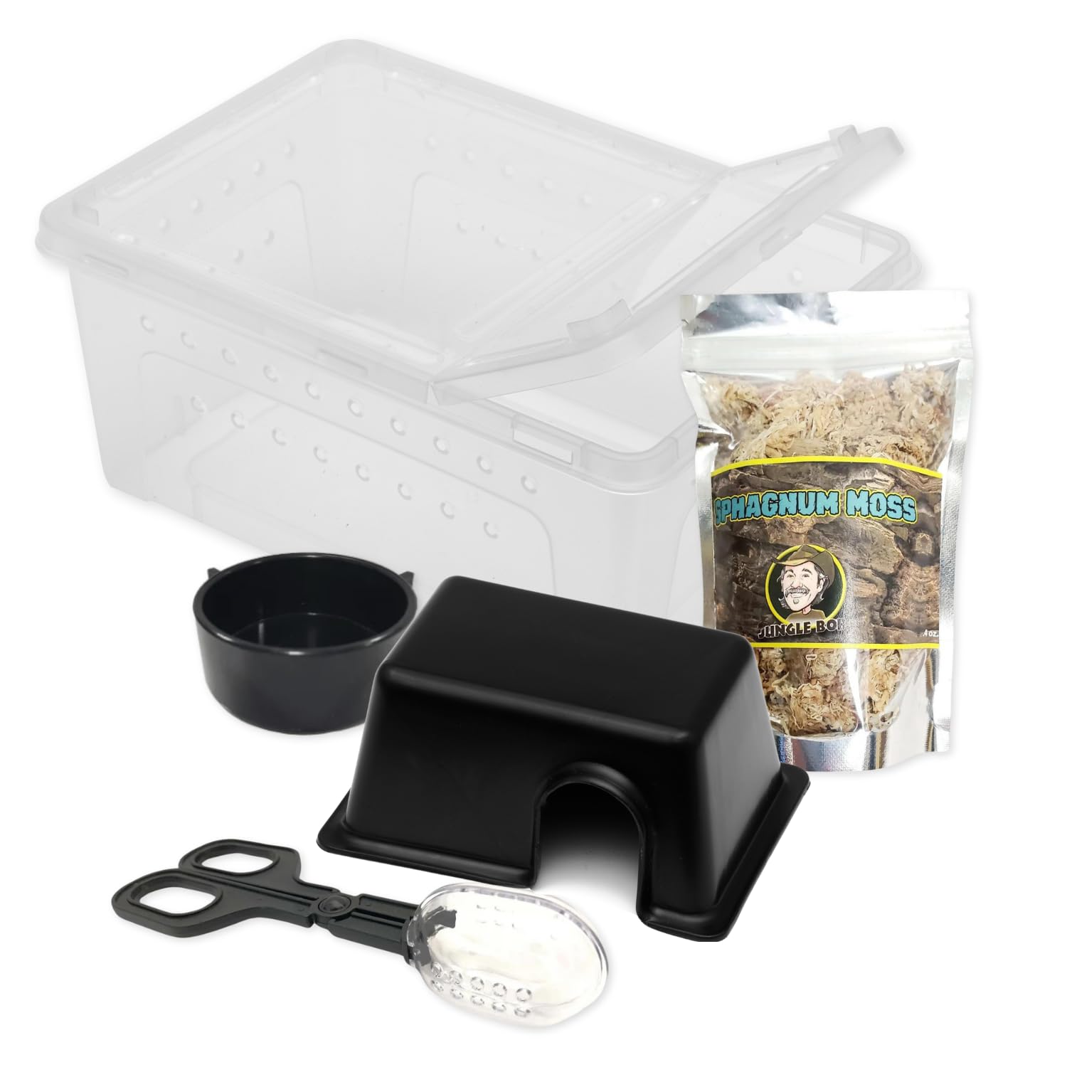 Jungle Bob - Medium Terrarium Bundle - With 10.25'' X 7'' X 4.5'' Clear Plastic Terrarium Box, Small Rectangle Hide Box, Sphagnu