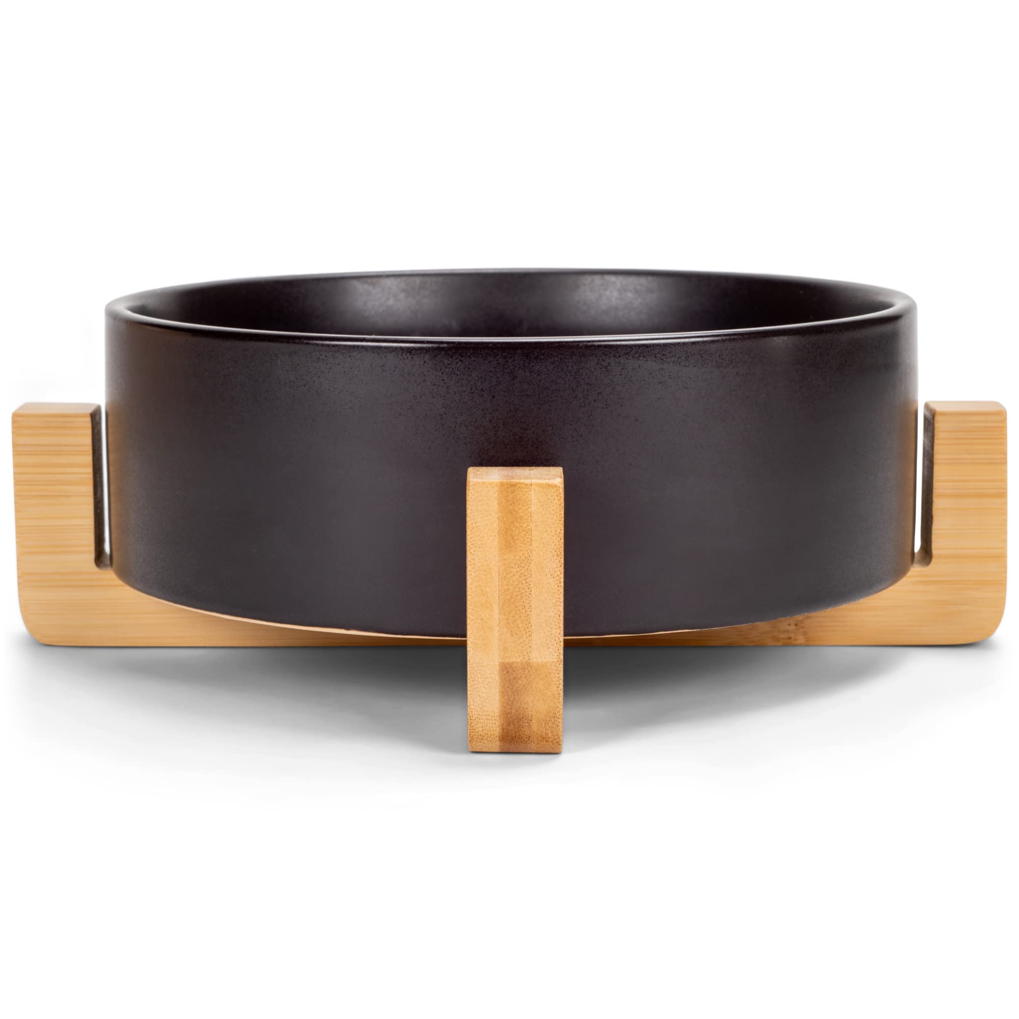 Nat & Jules Large Black 8 Inch Stoneware Ceramic And Wood Pet Bowl With Stand