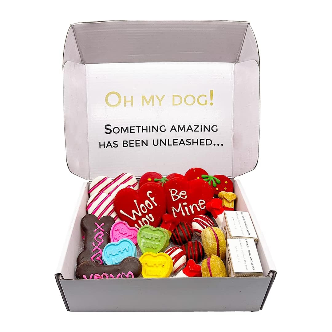 Bonne et Filou Love Dog Treats Gift Box, 22 Luxury Macarons, Truffles & Bone Cookies, Healthy & Delicious Snacks for Medium to L