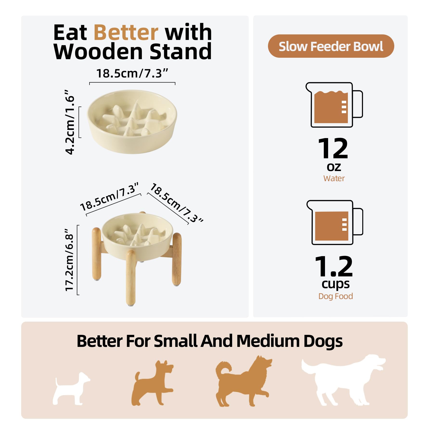 Havniva Ceramic 1.2 Cup Dog Raised Slow Feeder Set, Elevated Bowl with Wooden Stand for Medium and Small Dog, 7.3inch Slow Feede