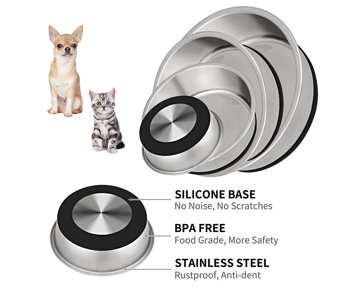 Taglory 2 Cup Stainless Steel Dog Bowls Set of 2 for Food and Water, Silicone Base Anti-Slip, Rust Resistant, Extra Thick Metal