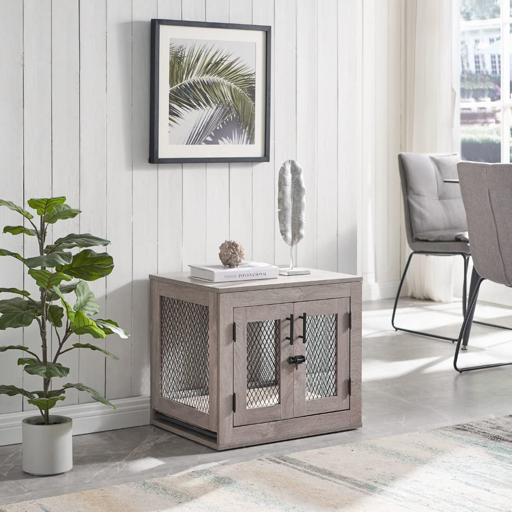 Unipaws Furniture Style Dog Crate With Cushion And Tray, Mesh Dog Kennels With Double Doors, End Table Dog House, Medium And Large Crate Indoor Use (Small, Grey)