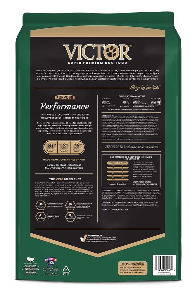 Victor Super Premium Dog Food - Performance Dry Dog Food - 26% Protein for Active Adult Dogs - Includes Glucosamine and Chondroi