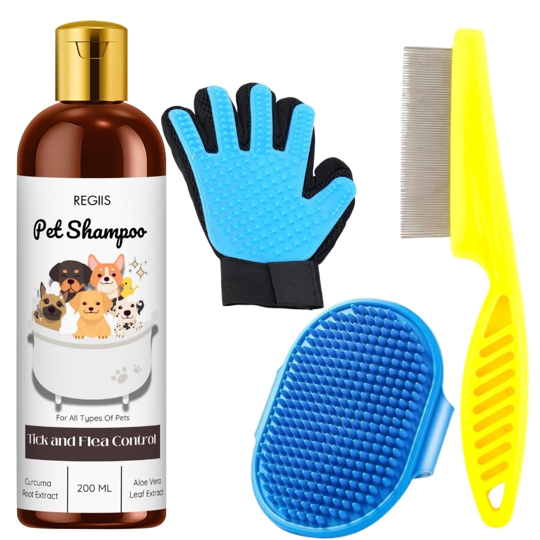 Regiis Pet Shampoo Set With Grooming Brush, Glove, Comb, Tick And Flea Control, 200Ml, Blue And Yellow Accessories For All Types