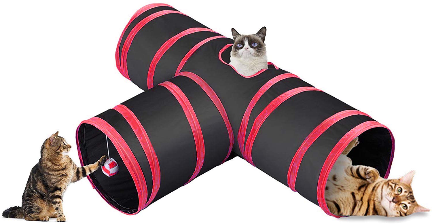Kittupet Big Size Joyful Cat Tunnel Toy 3 Way Collapsible For Indoor & Outdoor Play With Hanging Toy Ball For Cat, Puppy, Kitty,