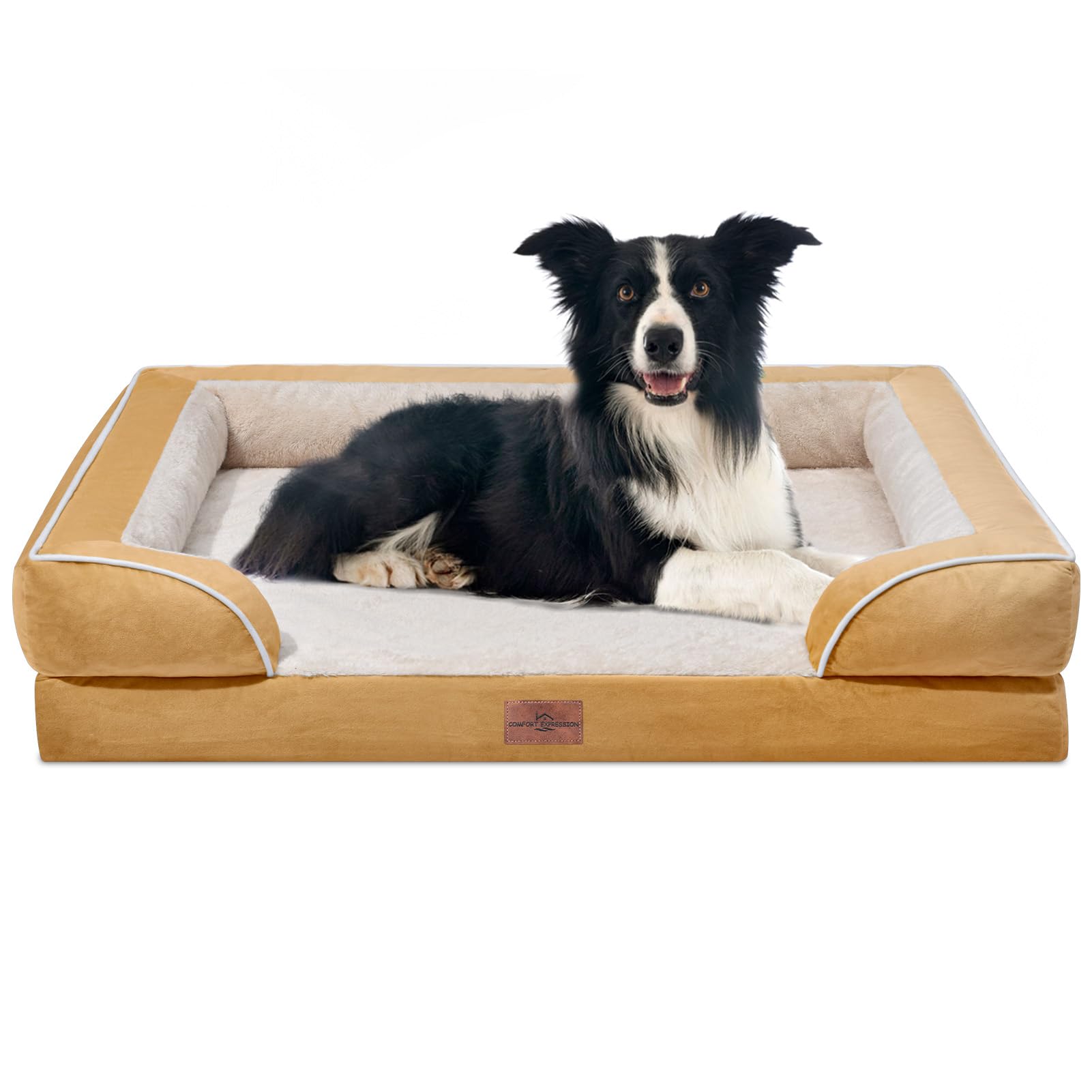 Comfort Expression Large Dog Beds Waterproof, Orthopedic Dog Beds For Large Sized Dogs, Comfy Pet Bed Sofa With Washable Removable Cover & Non-Slip Bottom(Large,Khaki)