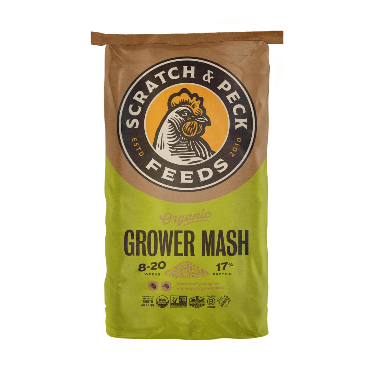 Scratch and Peck Whole Grain Grower Mash Chicken and Duck Feed - 25 lbs Bag - Corn-Free and Soy-Free - 17% Protein, Certified Or