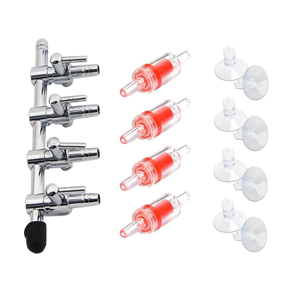 Bornfeel Aquarium Air Pump Splitter 13 In 1 Set 4-Way Air Flow Control Lever Valve & 4 Non-Return Check Valves & 8 Suction Cups For Fish Tank Airline Air Tube Hose