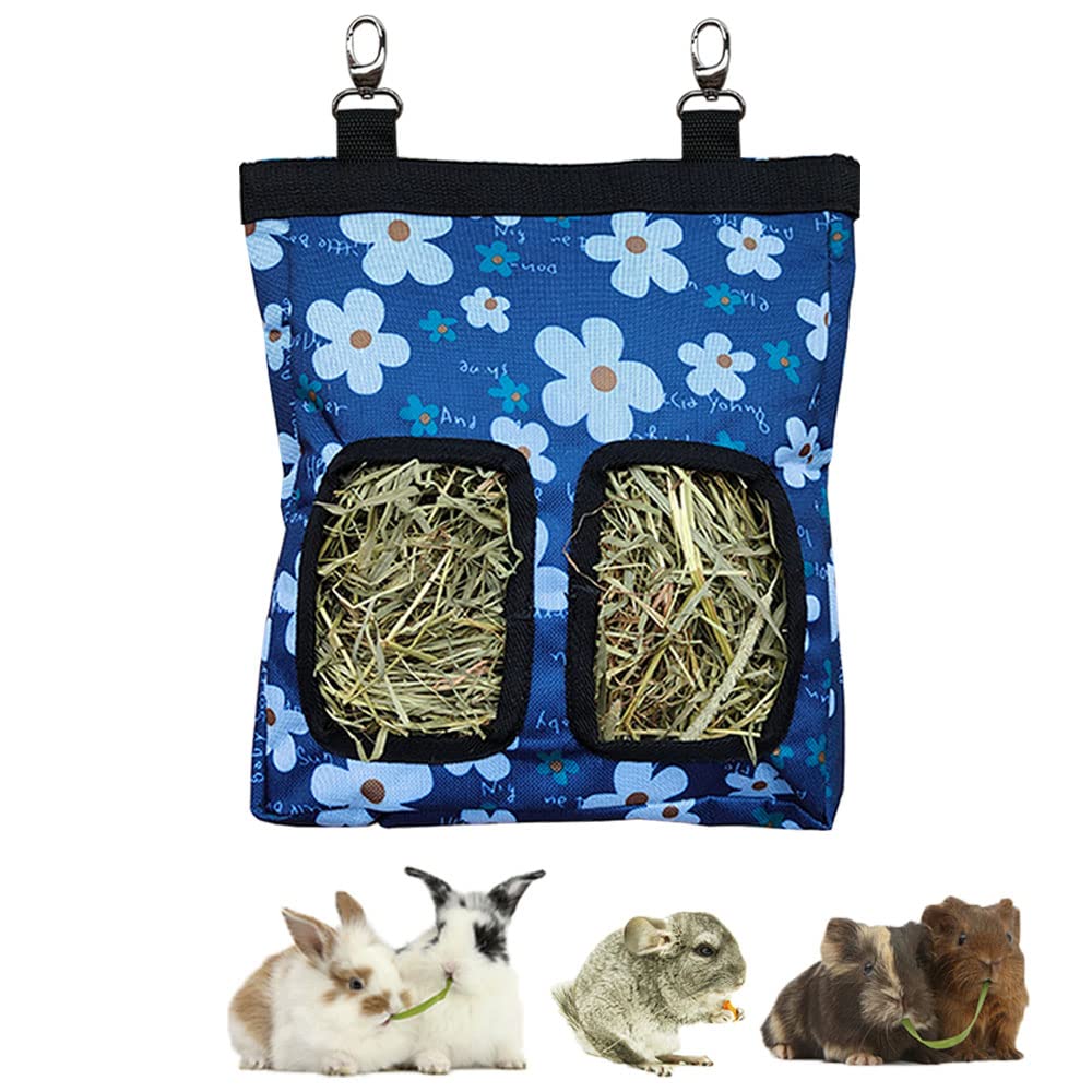 Guinea Pig Hay Feeder, Hanging Rabbit Hay Feeder Bag for Guinea Pigs Bunnies Chinchillas. Blueflower