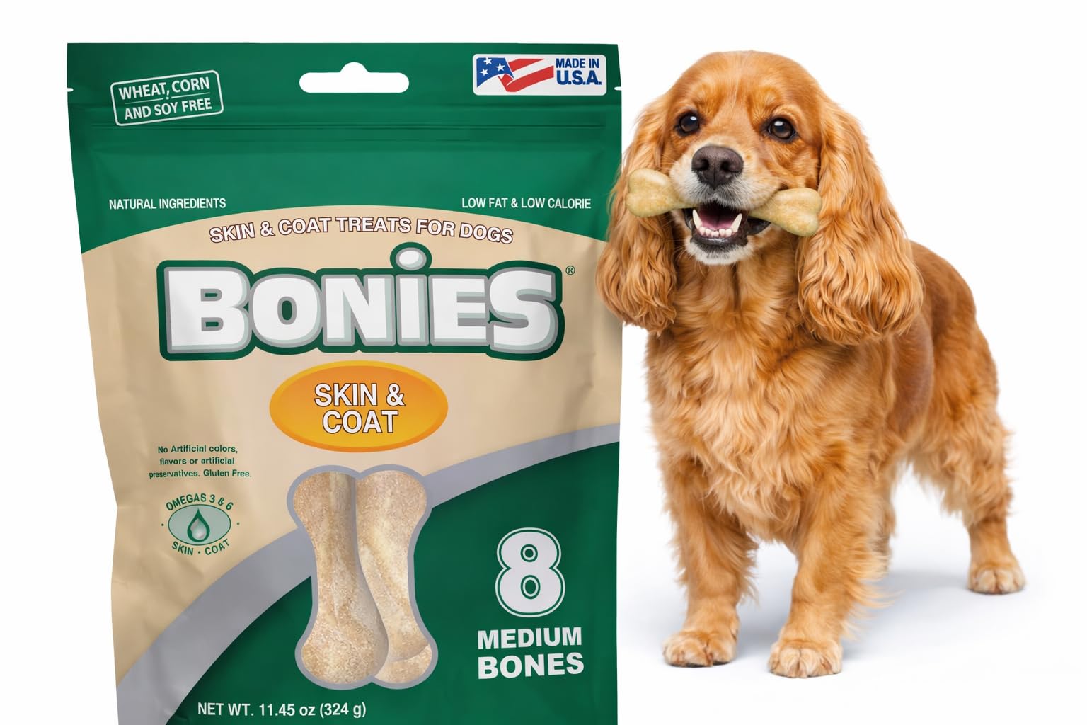 Bonies Natural Skin & Coat Formula Medium-Sized Single Bone - Promote Silky Coat & Healthy Skin, Healthy Teeth & Fresh Breath, L
