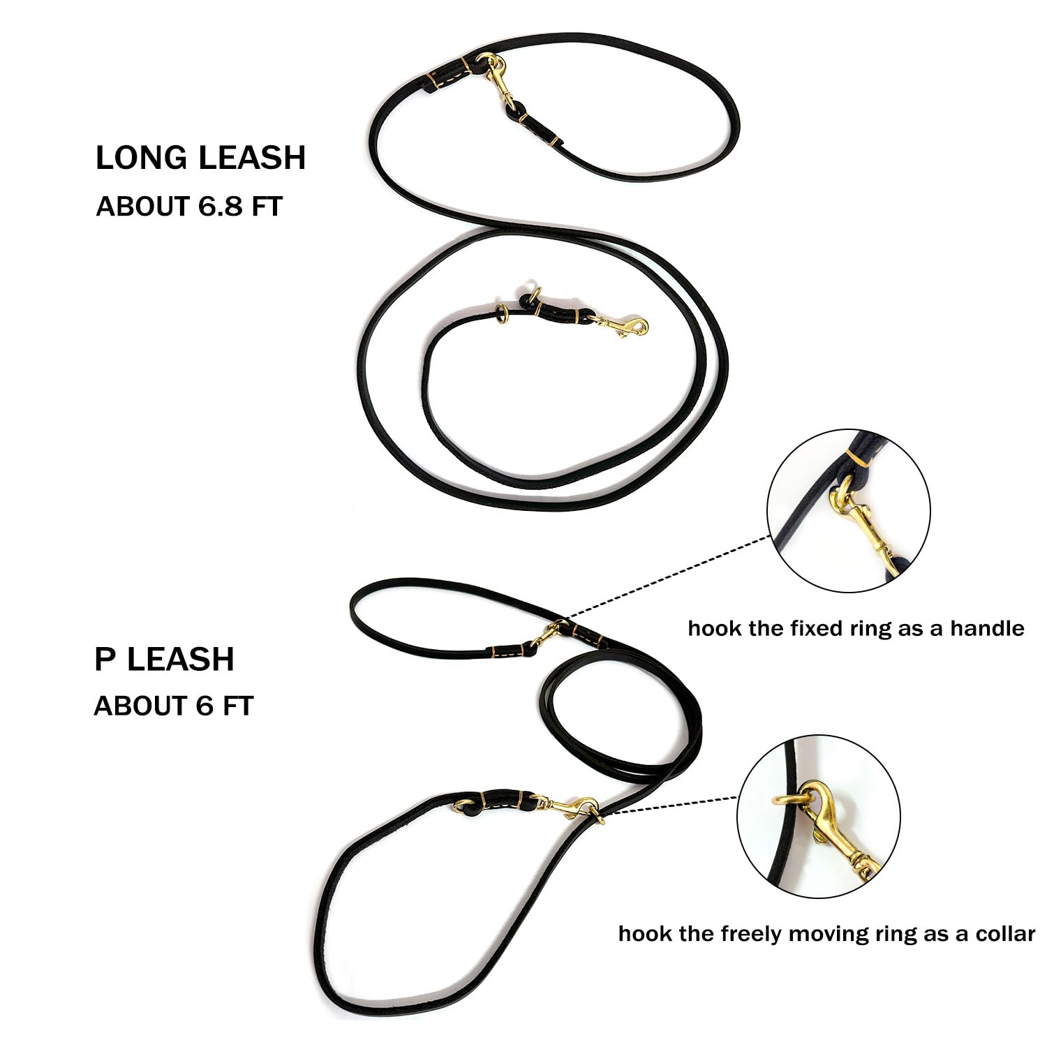 Multi Function 8ft Genuine Leather Hands Free Dog Training Leash for Puppy Small and Medium Dogs (8 Foot*3/8 inch, Black)