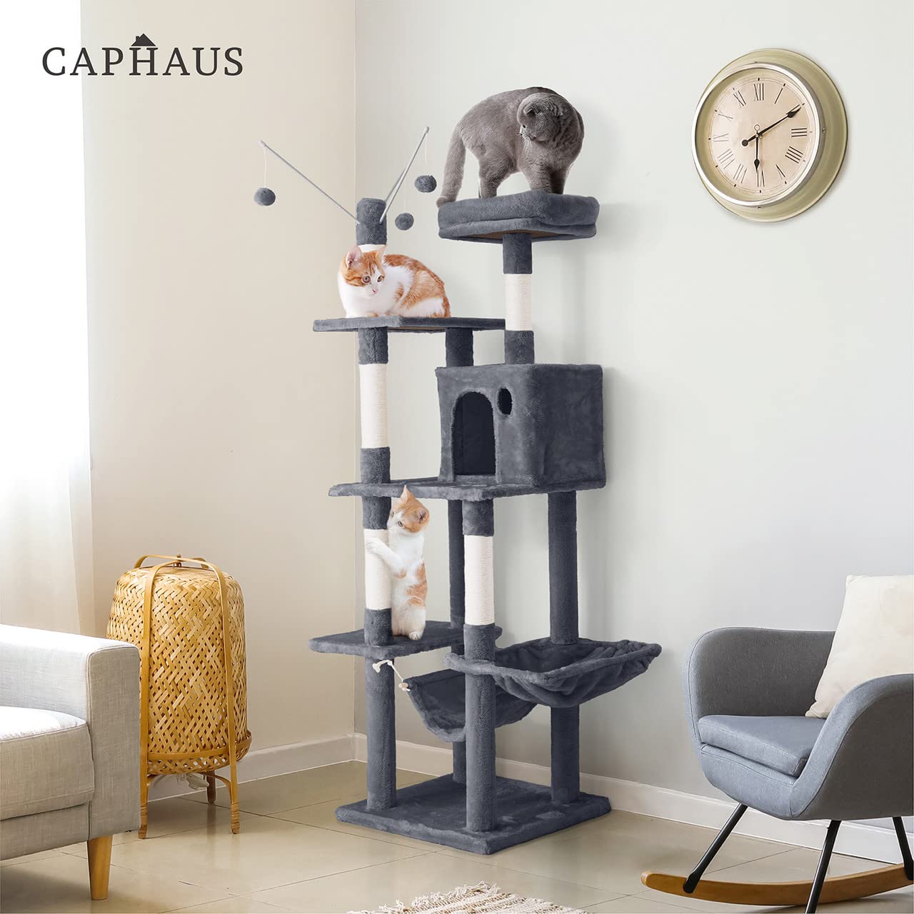 CAPHAUS Tall Cat Tree - 70-Inch Modern Play Tower in Smoky Grey with Scratching Posts, Hammock, Cat Cave Condo, Model CH PHFC-BH672001