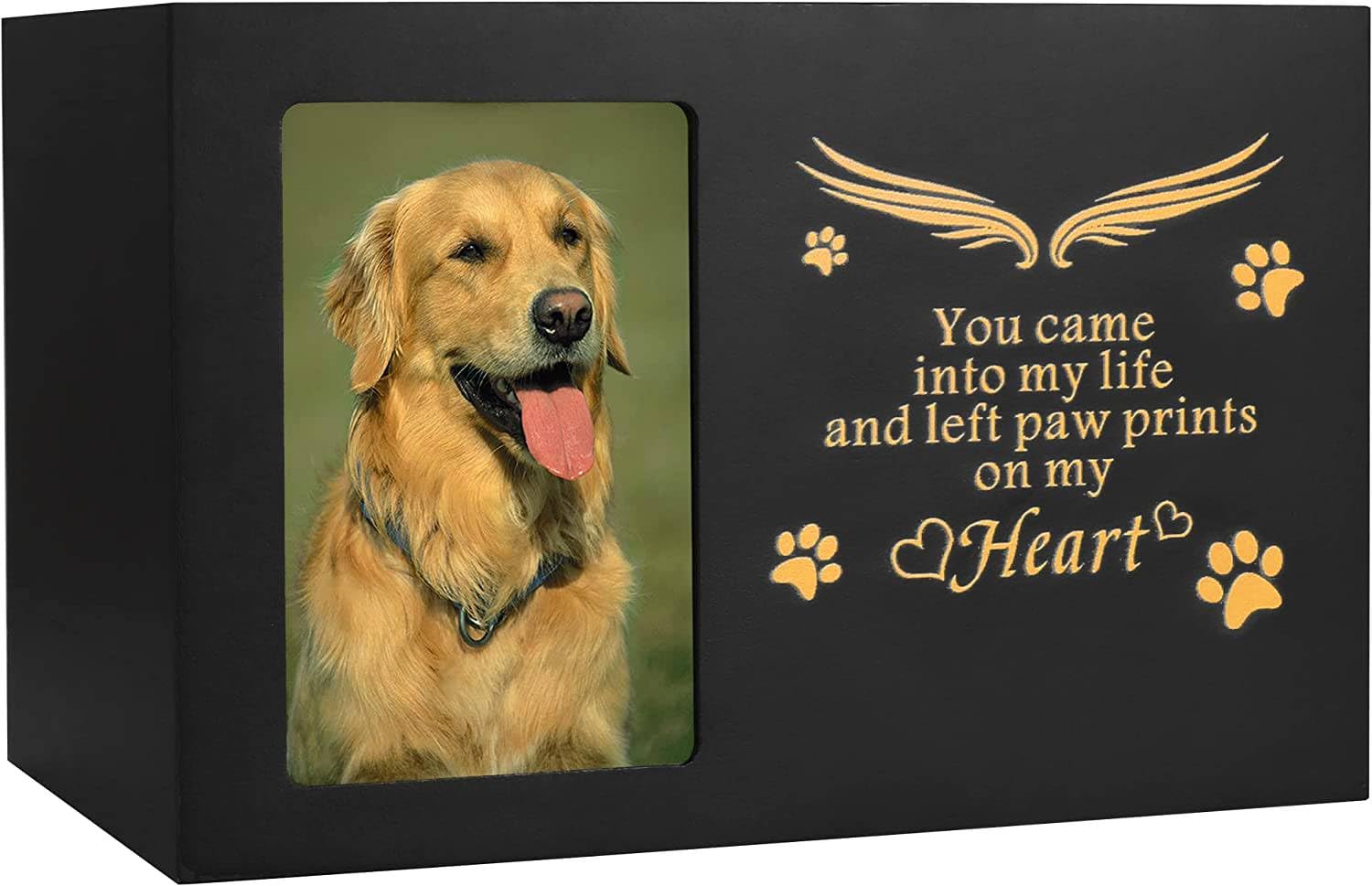 BAMTALK Pet Urns for Dogs or Cats  Dog Keepsake Box, Cremation Urn with Photo Frame, Large Wooden Urn (170 Cubic Inches)