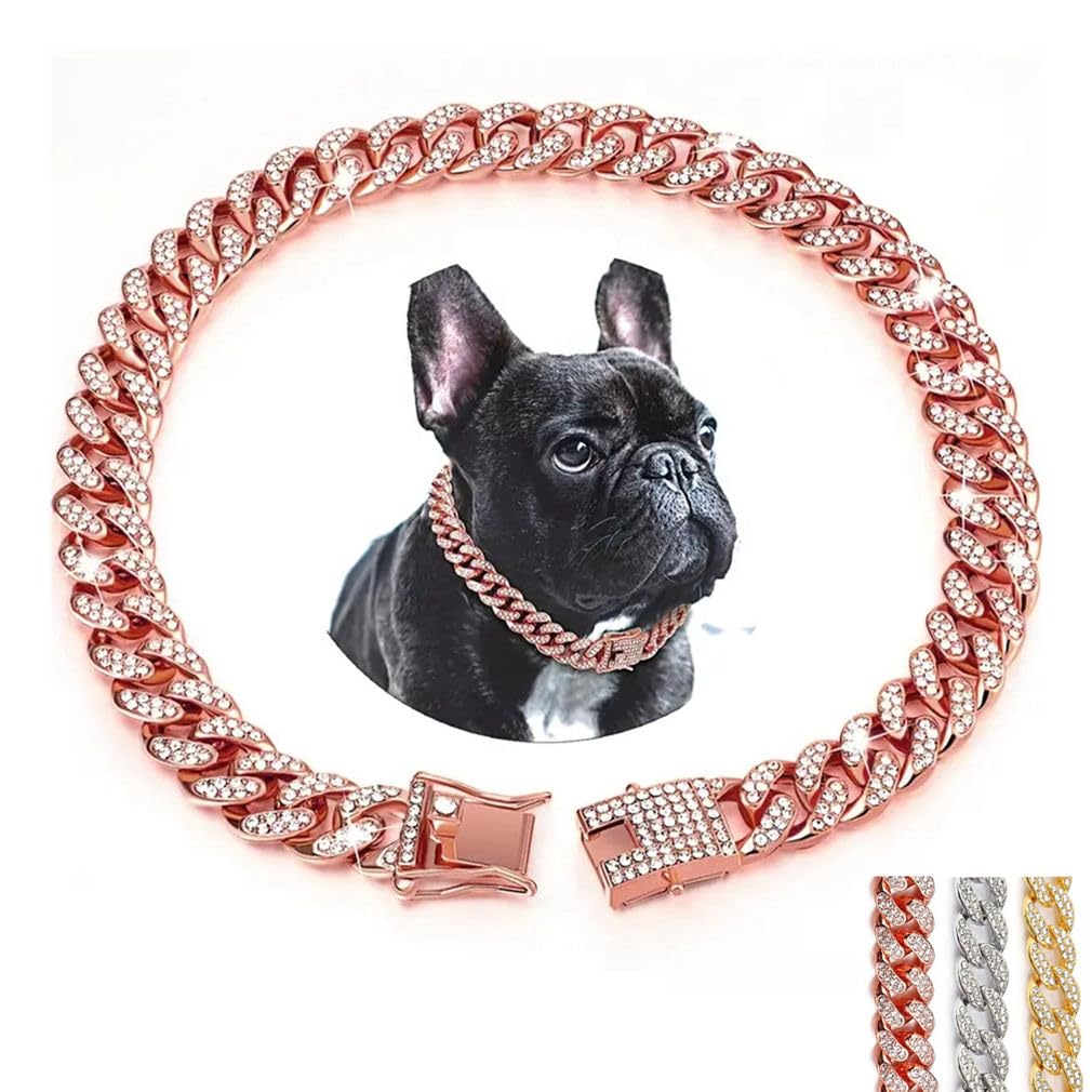 Rose Gold Dog Chain Collars For Medium Dogs, Glitter Rhinestone Sparkly Diamond Metal Necklace Bling Cuban Link Dog Collars For 