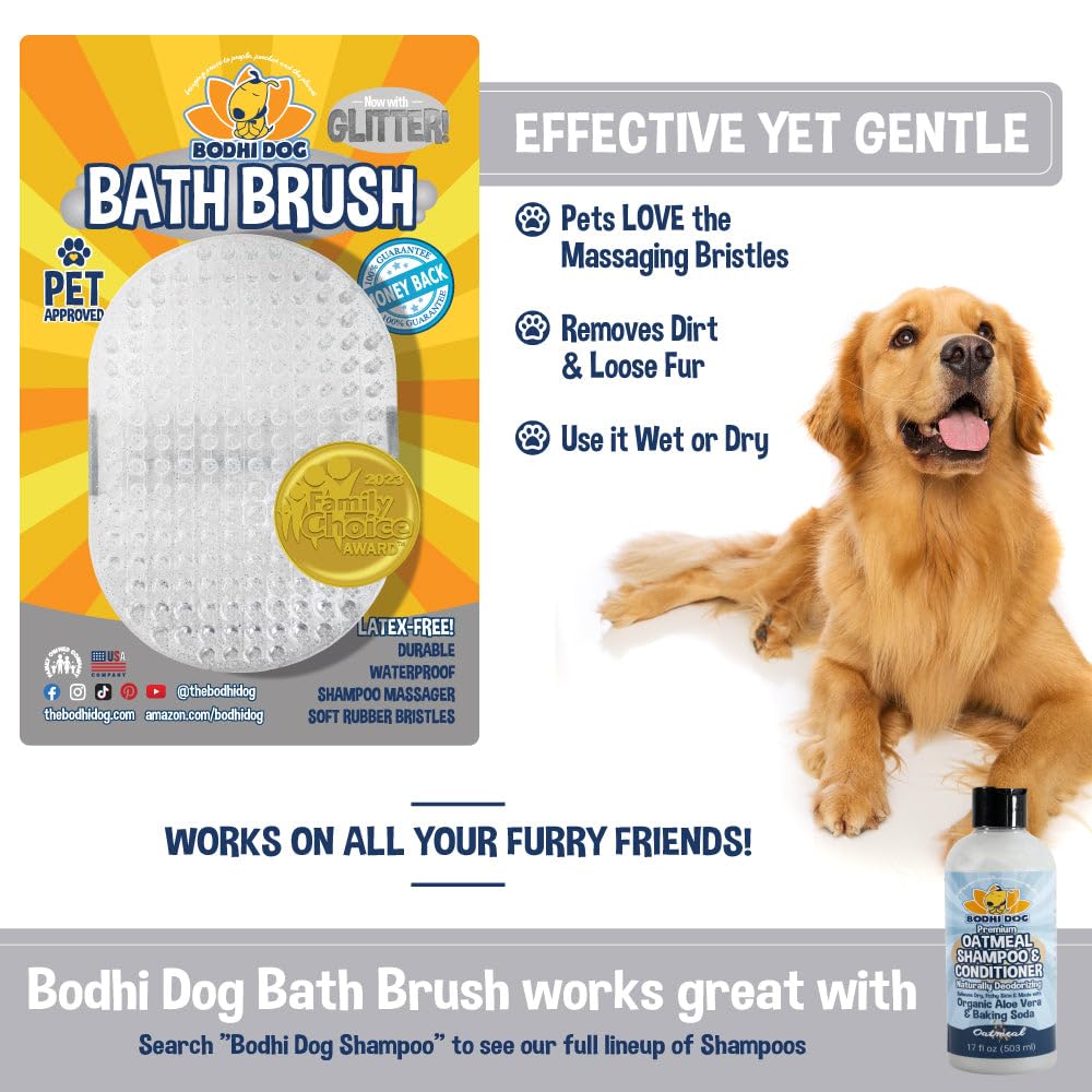 Bodhi Dog Shampoo Brush - Pet Grooming Tool for Cats & Dogs, Rubber, One Pack, Clear Silver Glitter