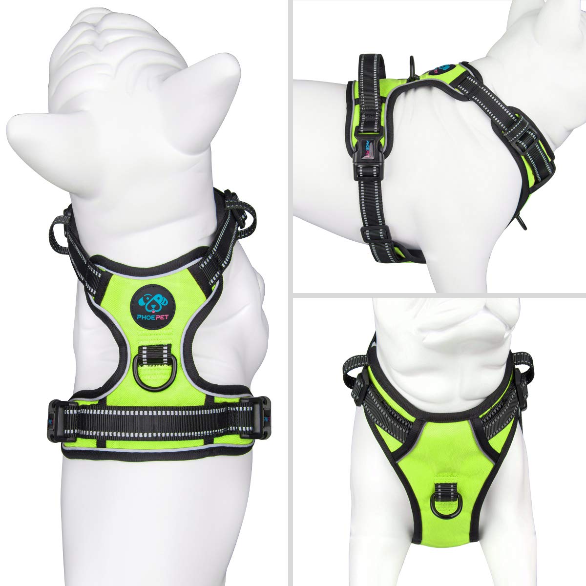 Phoepet Reflective Dog Harness No Pull Large Breed Vest With 2 Metal Leash Attachment Hooks(L, Green)
