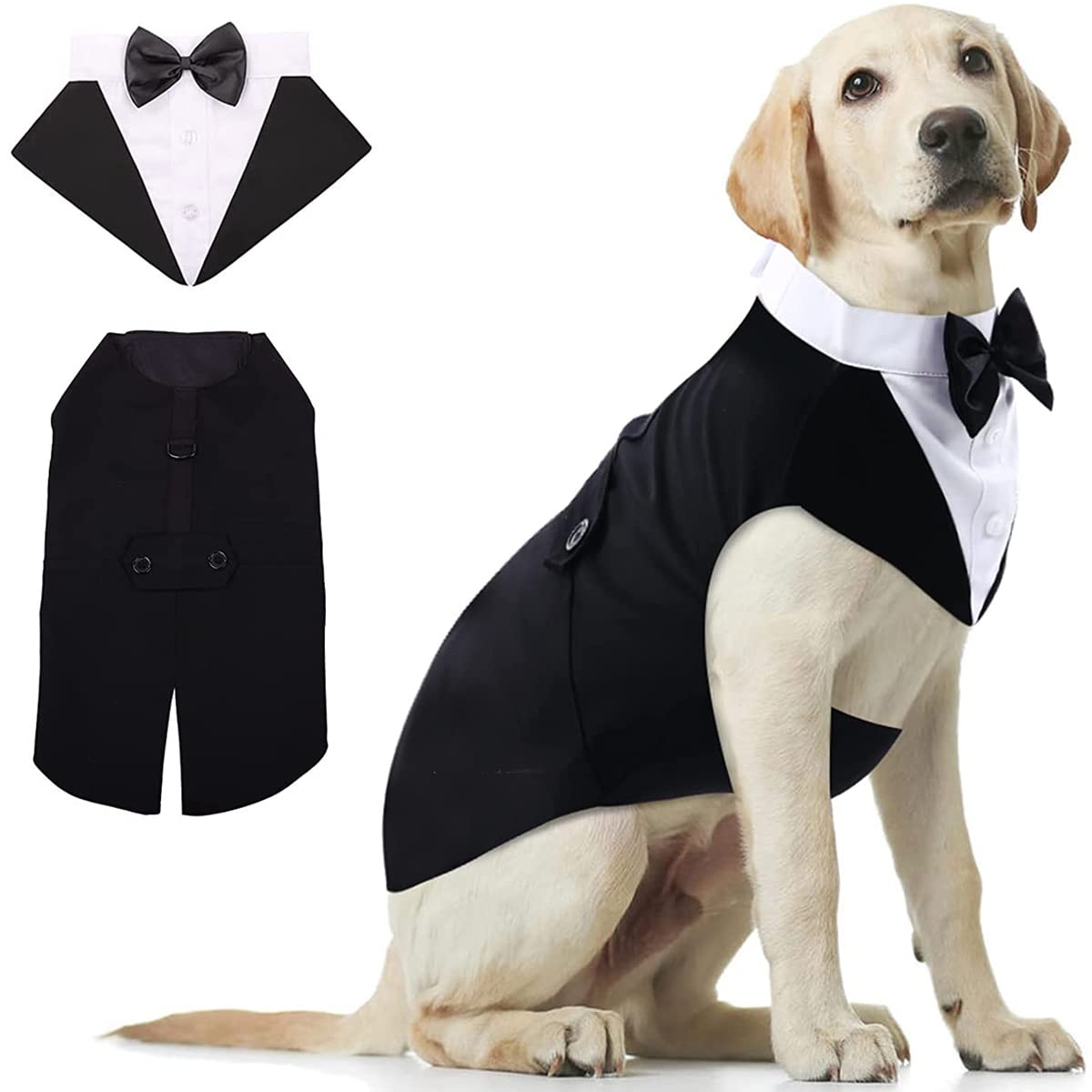 Dog Tuxedo And Bandana Set, 2 Pack Pet Costume Puppy Formal Party Suit, Dog Clothes For Small Medium Large Dogs, Dog Prince Bow Tie Shirt Dog Wedding Attire For Golden Retriever Samo Bulldogs (Xl)