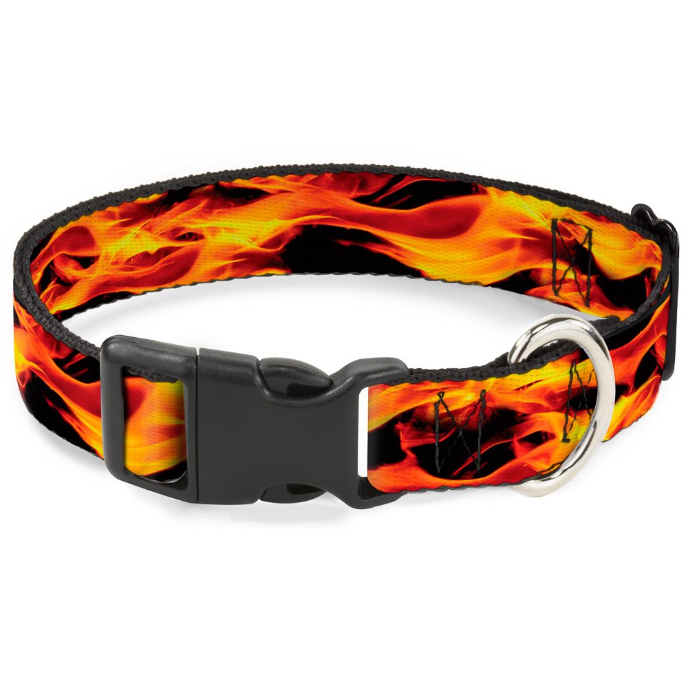 Buckle-Down Plastic Clip Collar - Flames Vivid Black/Orange - 1' Wide - Fits 15-26' Neck - Large