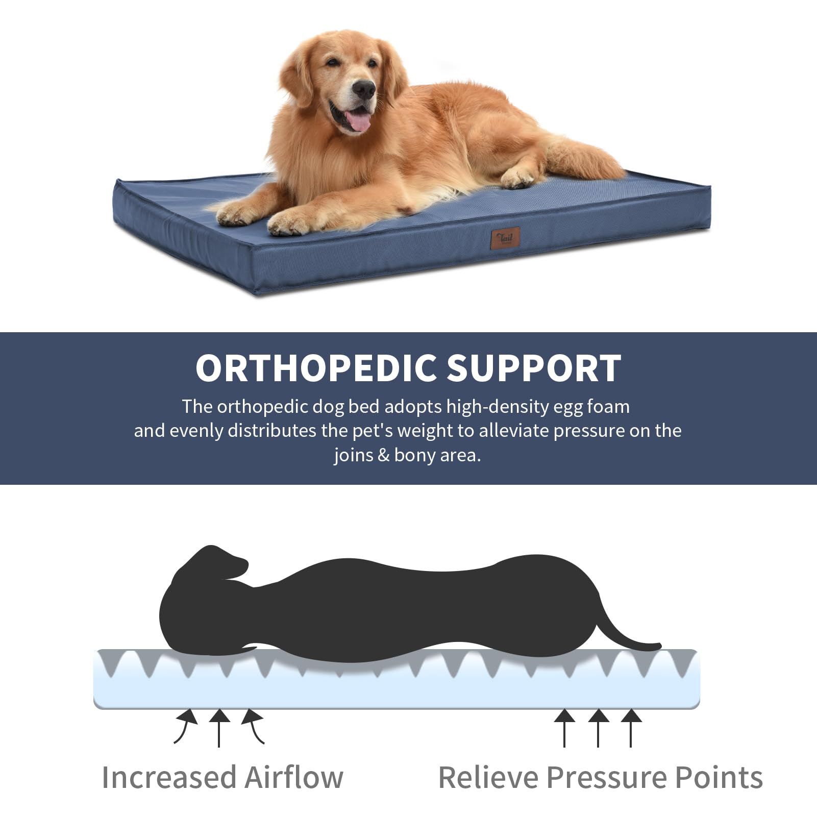 Tail Stories Outdoor Waterproof Dog Bed - XX-Large, Navy, Orthopedic Egg Foam, Washable Oxford Cover