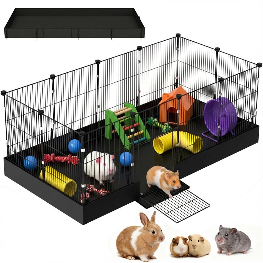 18 Planels Guinea Pig Cages with Bite-Proof & Waterproof Liner, Divided DIY Small Animal Playpen - Metal Dense Grid Indoor Outdo
