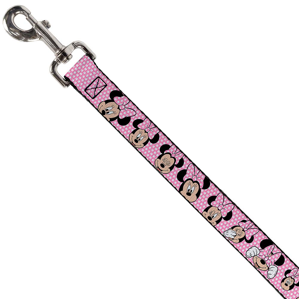 Buckle-Down Pet Leash - Minnie Mouse Expressions Polka Dot Pink/White - 6 Feet Long - 1' Wide
