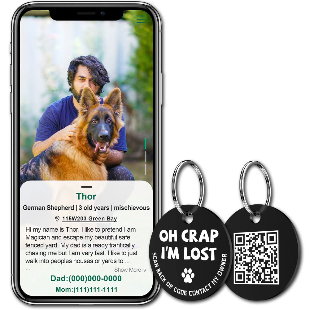 Myluckytag Stainless Steel Qr Code Pet Id Tags Dog Tags - Pet Online Profile - Scan Qr Receive Instant Pet Location Alert Email