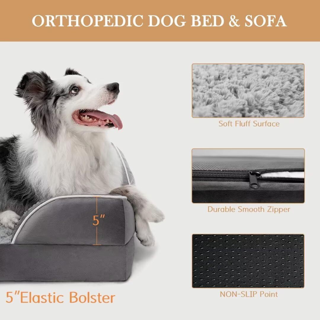 Comfort Expression Cooling Dog Bed, Orthopedic Memory Foam Dog Bed, Dog Beds For Extra Large Dogs, Xl Dog Bed With Removable Cover, Waterproof Pet Bed Large With Bolster(X-Large,Silver Grey)