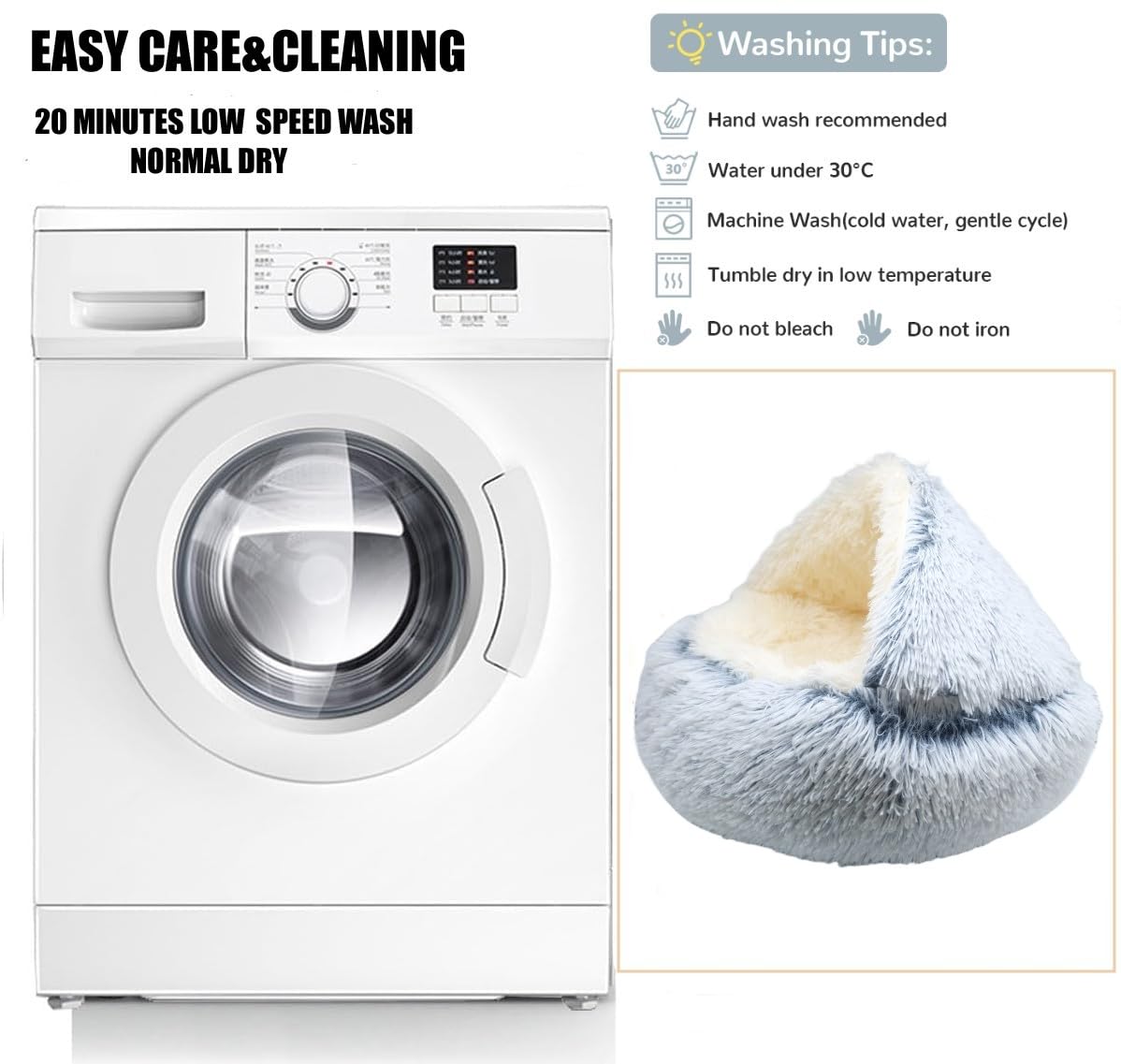 Zanesun Calming Round Dog Bed & Cat Cave With Hooded Cover, Plush Fluffy Anti-Anxiety Bed, Waterproof Bottom Washable (Grey, 20X