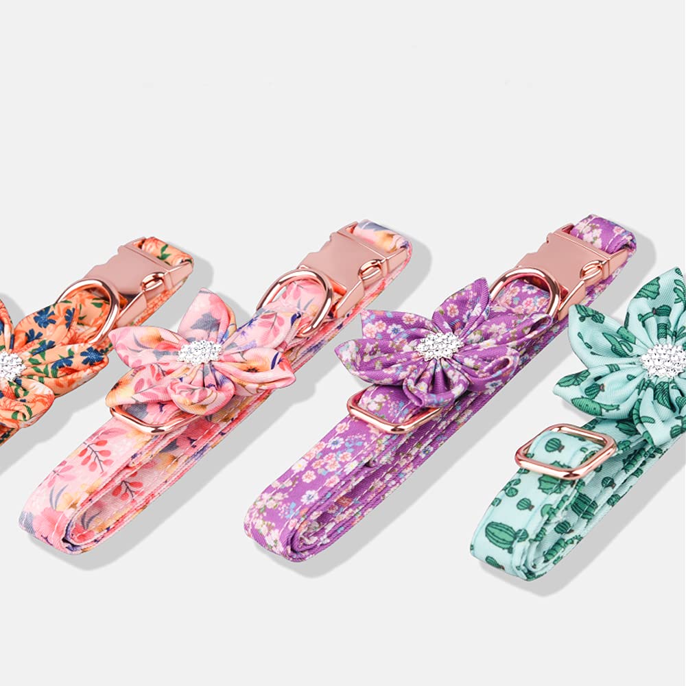 Serijoars Cute Girl Dog Collars For Small Medium Large Dogs, Floral Patterns Female Dog Collar With Detachable Rhinestone Flower