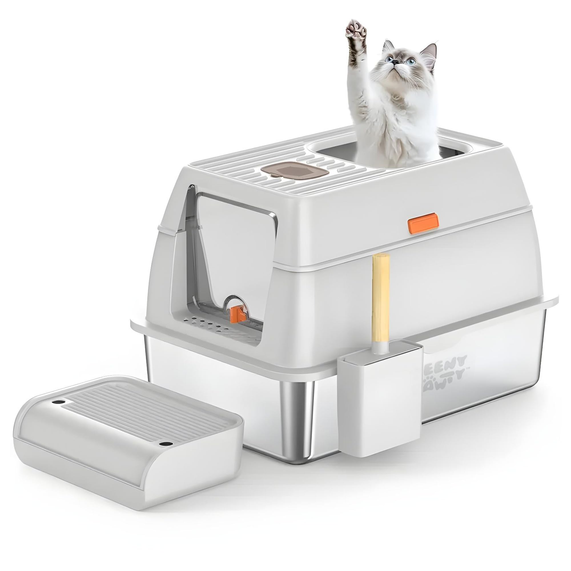 Xl Stainless Steel Cat Litter Box With Enclosure And Pooper Scooper - Durable Black Metal Litter Box For Big Cats, High Sides Fo