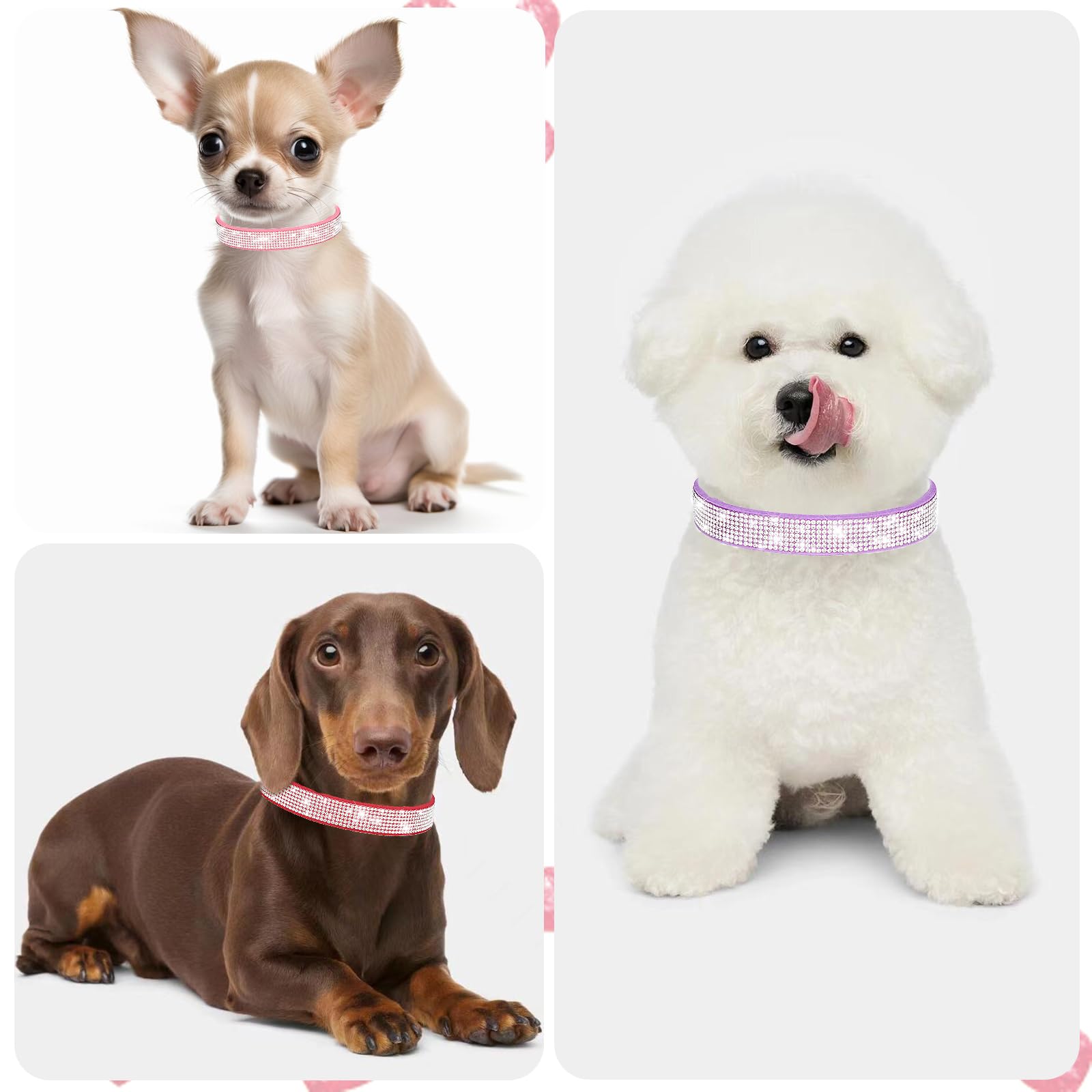 Glitter Dog Collar Xs, 2-Pack Pink+Purple Bling Diamond Cat Collar Soft Suede Sparkle Rhinestone Jewelry Crystal Female Puppy Co