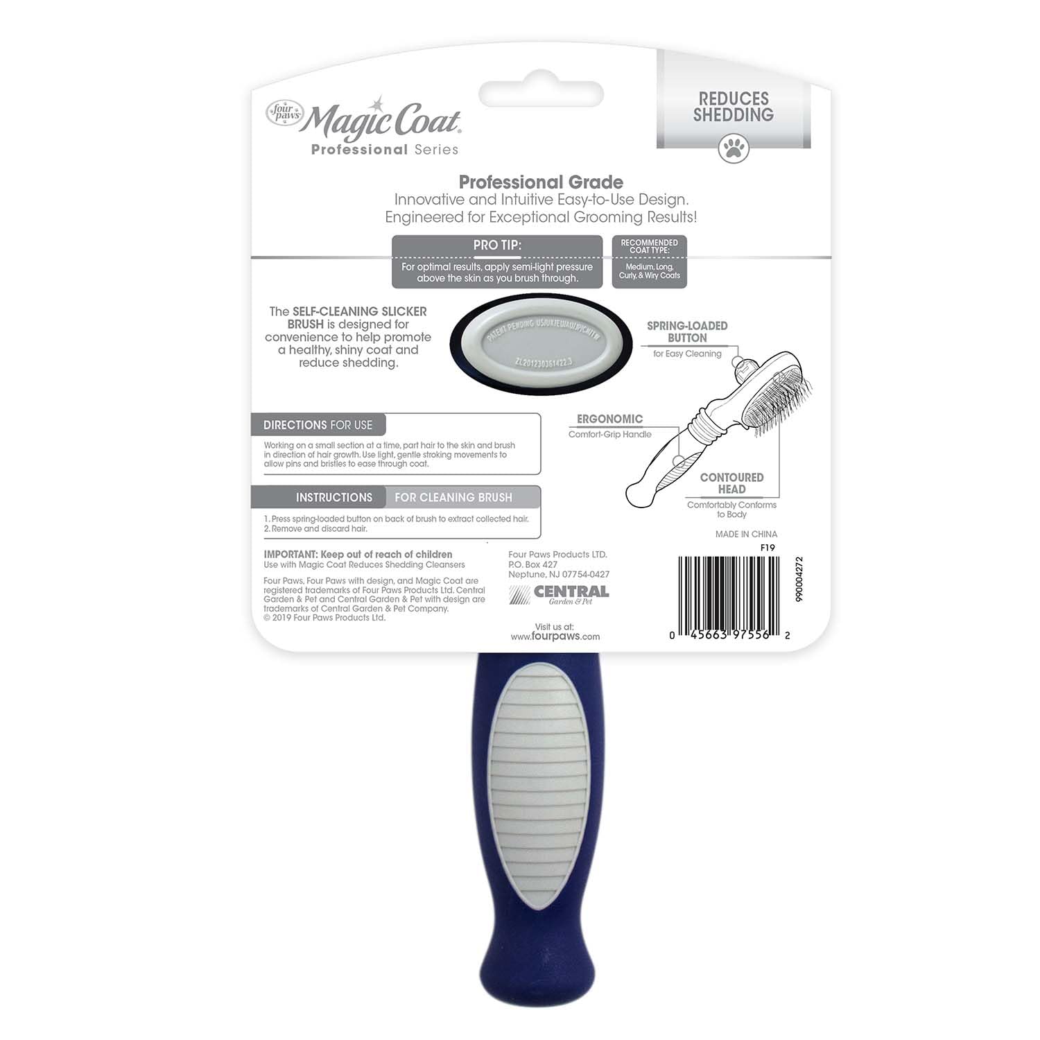Four Paws Slicker Brush, Professional Series Grooming Brush For Dogs & Cats, Self-Cleaning, Reduces Shedding, All Coat Types, Blue & Grey