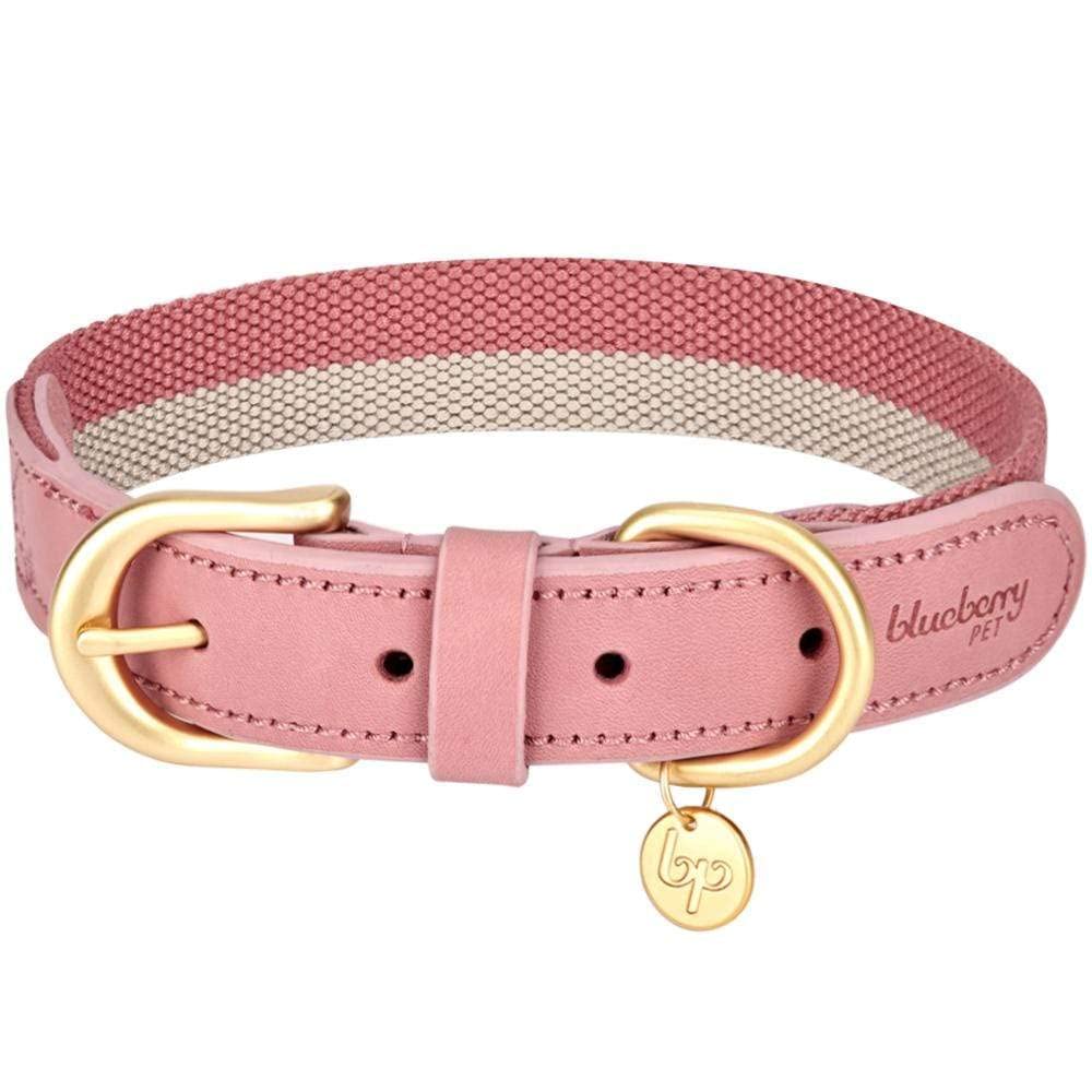 Blueberry Pet Leather Dog Collar For Female Dogs - Pink/Grey Stripes, Medium, 15-18 Neck, Stylish Design