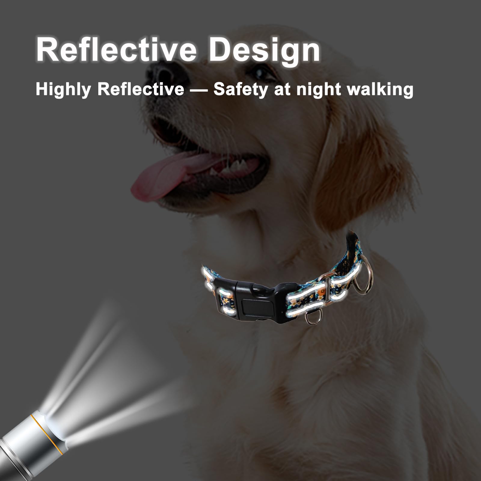 Fidohug Reflective Martingale Dog Collar - Soft Nylon, No Slip, XS, Black Orange Flowers