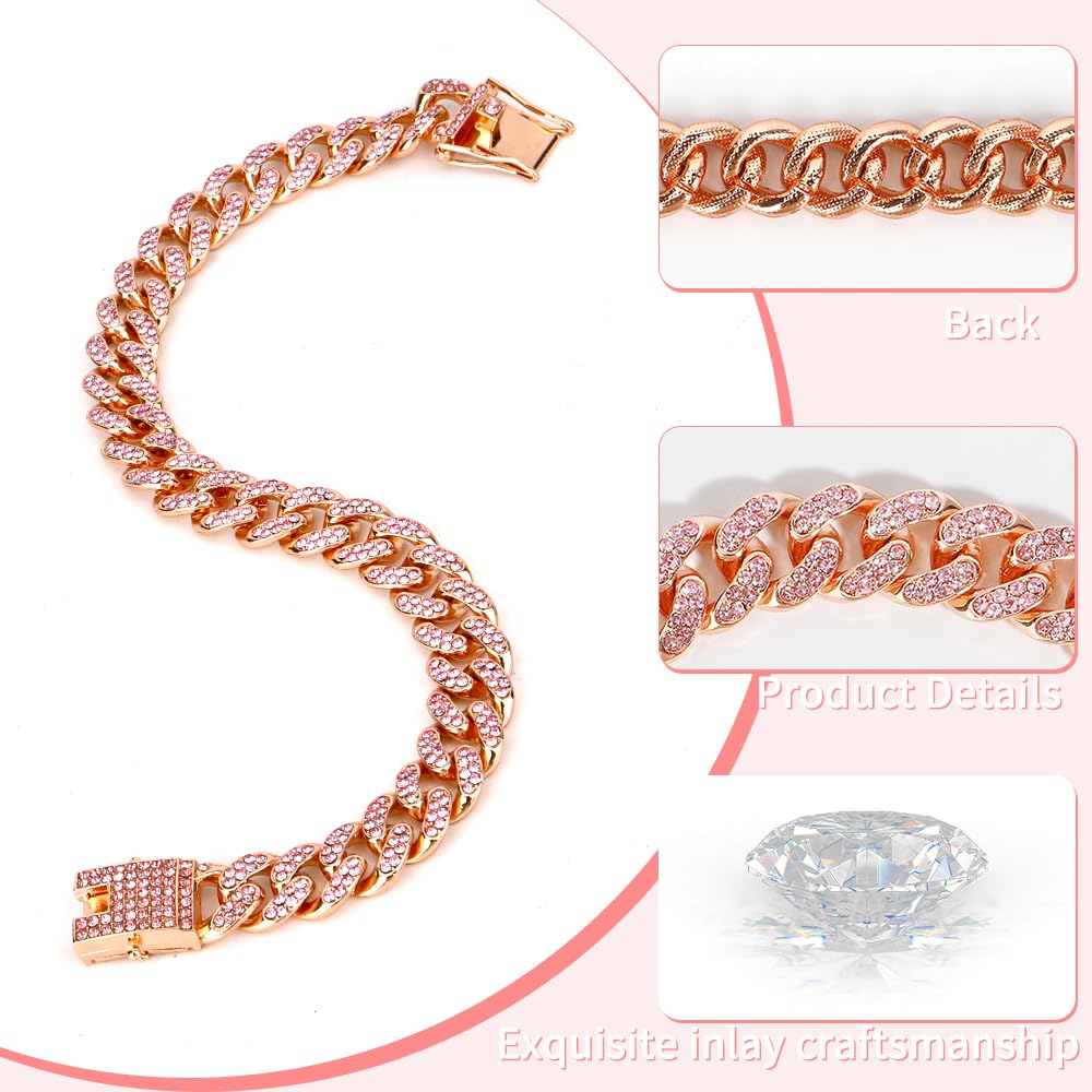 Pink Dog Collar For Female Dogs - Chihuahua, Small, Puppy Cuban Link Collar And Leash - Cute Spiked Cat Collar