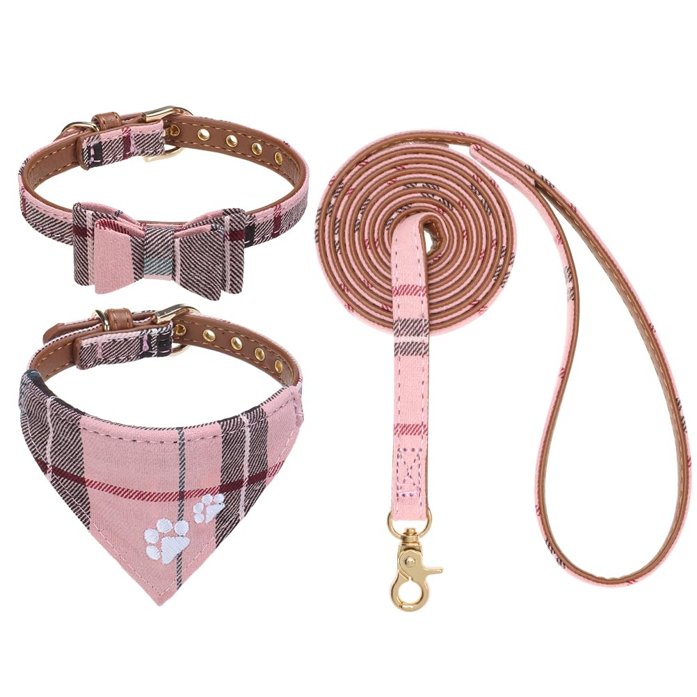 Expawlorer Dog Collar And Leash Set - Embroidery Pawprints Plaid Dog Collar And Dog Leash Set, Bow Tie And Bandana Dog Collar, A