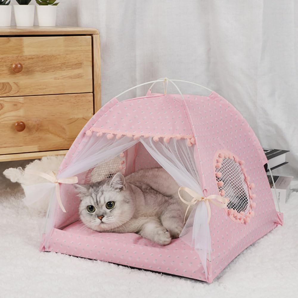 Cat Bed Tents Dog House Indoor Outdoor Lace Mesh Breathable Windows Door Curtains Removable Portable Nest Teepe House (Medium,Pi