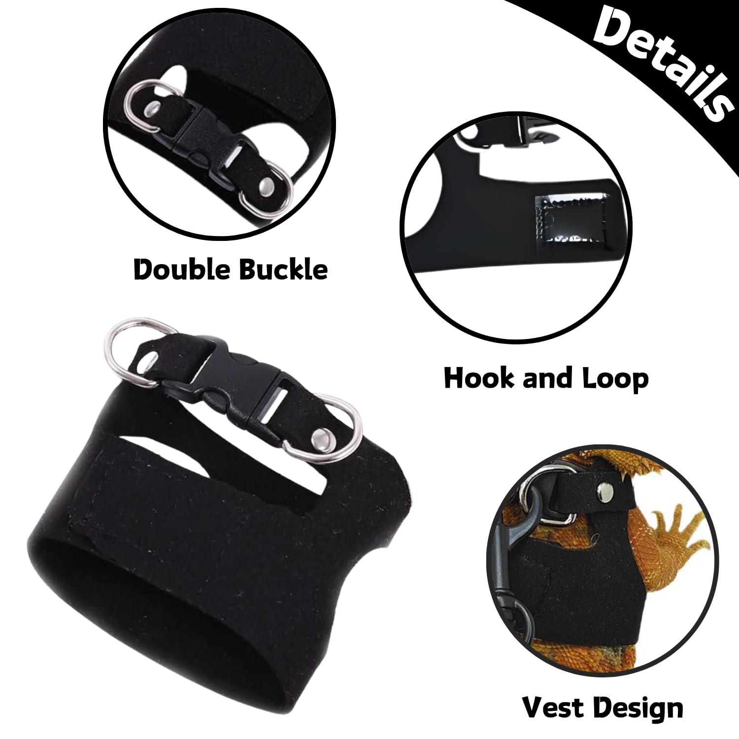 SEZDEKI Bearded Dragon Harness and Leash Set - Adjustable Leather Small Animal Vest, Black, Model LZ-2MLeash