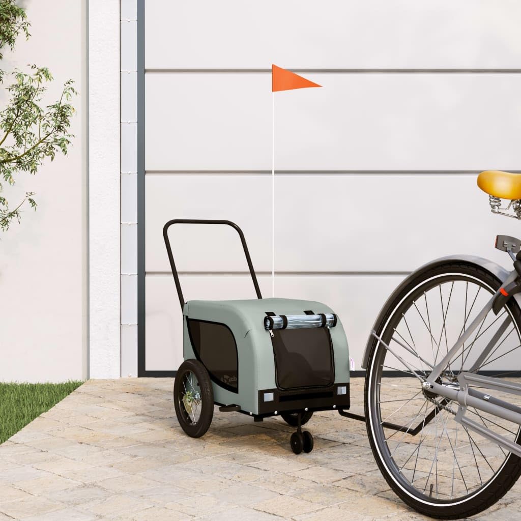 vidaXL Pet Bike Trailer Gray and Black - Sturdy Iron Frame - Oxford Fabric - Mesh Windows - Reflectors and Safety Flag - 48.8" x 20.9" x 20.9"
